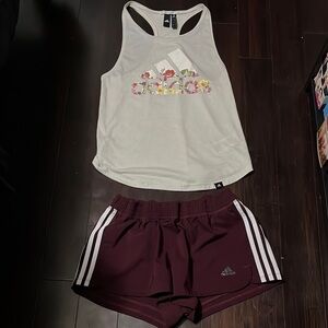 Adidas Floral Logo Tank and Burgundy Shorts